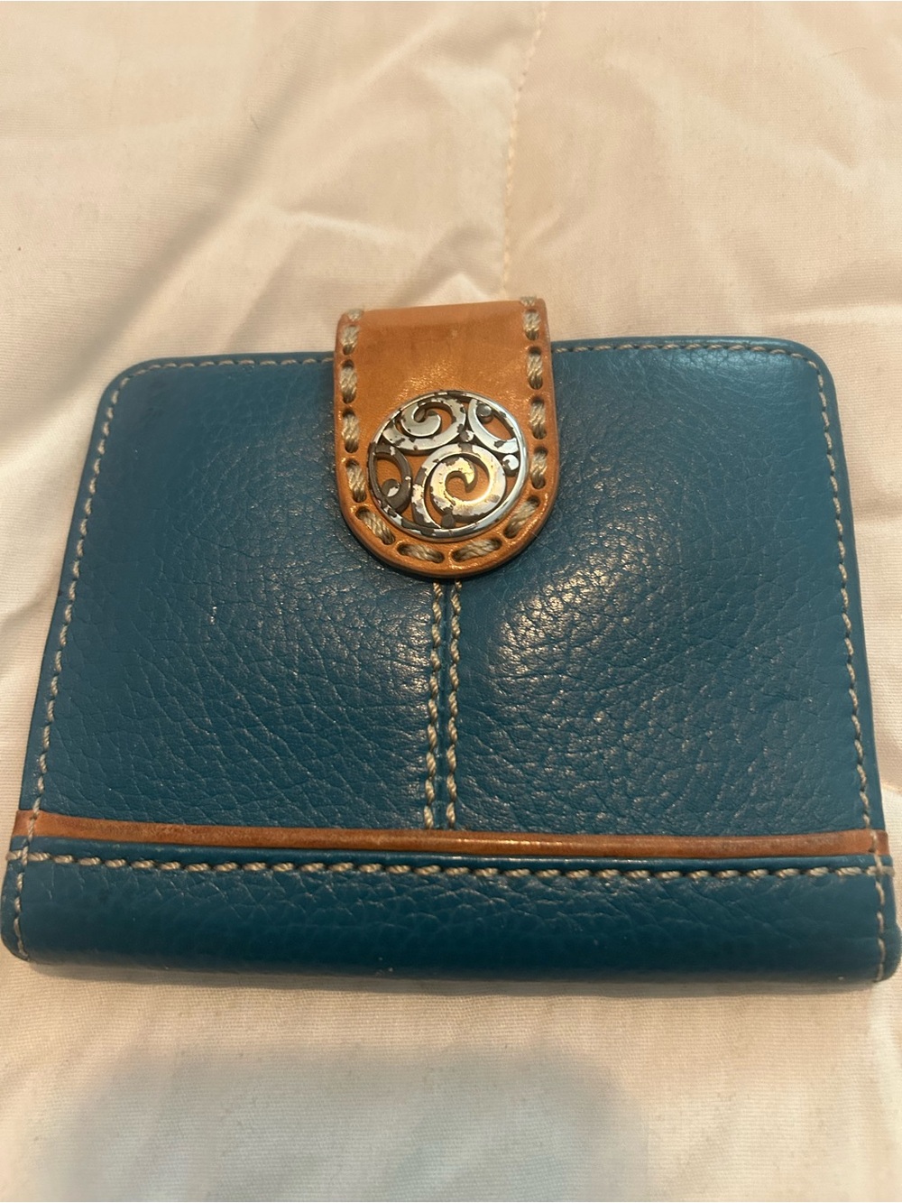 Brighton Teal Leather Compact Wallet with Tan Accent
